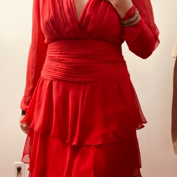 Vintage Miss Elliette Red Organza Ruffle Midi Dress - Picture 4 of 16